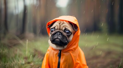 adorable baby pug wearing a bright orange raincoat on a rainy day heartwarming and cute animal photography