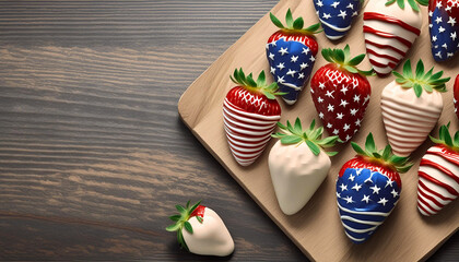 Flat lay of white and dark chocolate dipped Strawberries decorated for Fourth of July, wood cutting board and background with copy space