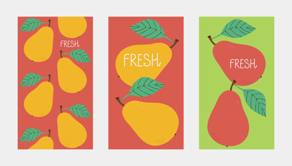 Set of backgrounds with pears. Vector illustration for poster, card, print, background, wallpaper, banner, advertisement, label.