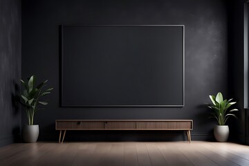  empty screen in a living room interior on an empty dark wall background design,3D rendering 