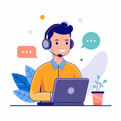 Fototapeta na wymiar man with headphones and microphone with laptop. Concept illustration for support, call center. Customer service. Vector illustration 