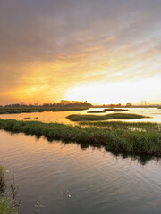 View of sunset on Ria de Aveiro, Ovar, Portugal.