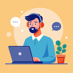 man with headphones and microphone with laptop. Concept illustration for support, call center. Customer service. Vector illustration 