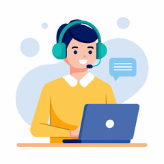 man with headphones and microphone with laptop. Concept illustration for support, call center. Customer service. Vector illustration 