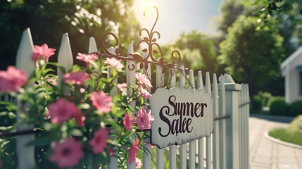 Elegant wrought iron frame hanging on a white picket fence, featuring a 