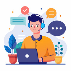 man with headphones and microphone with laptop. Concept illustration for support, call center. Customer service. Vector illustration 