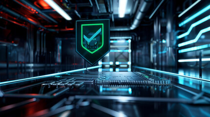 Futuristic Security: Blue Holographic Shield with Green Check Mark. Generative AI