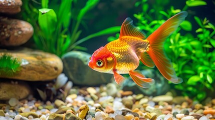 vibrant goldfish swimming in lush aquarium with green plants and stones highresolution photo
