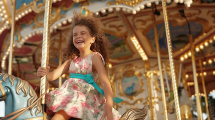 Em um parque de diversões em pleno verão, uma menina de oito anos se diverte em um carrossel colorido