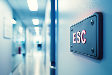 Escape button on the office wall. Concept of remote work, leisure and freelancing.