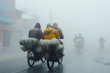 People on motorcycle in heavy fog on a street