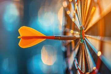 Yellow dart hitting the bullseye on a dartboard