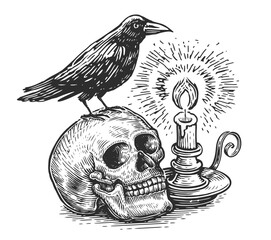 Human skull with raven on its head, burning candle in candlestick. Clipart hand drawn sketch vector drawing