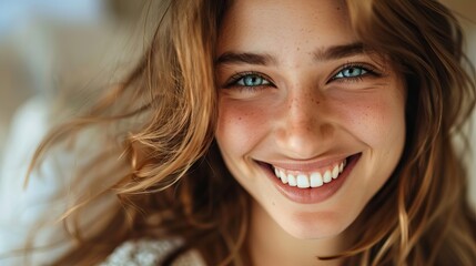 Fototapeta premium radiant young woman with sparkling eyes and infectious smile exuding happiness and confidence digital portrait