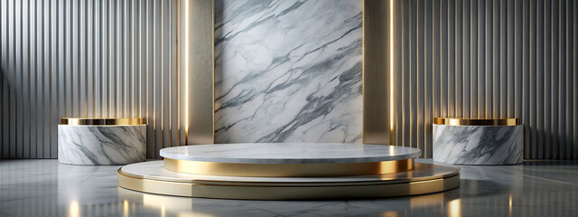 Generative ai. Luxurious interior featuring a marble platform surrounded by vertical marble slabs with gold accents. Two gold cylindrical tables are placed symmetrically on either side of the platform