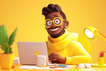 Cheerful 3D African American cartoon man in yellow hoodie working on laptop, with desk decor.