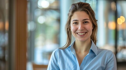 Obraz premium confident young business woman in blue shirt smiling at camera professional portrait photography