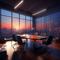 Small Vacant Corporate Office Conference Room Interior Company Board Executive Professional Work Setting City Skyline sunset View
