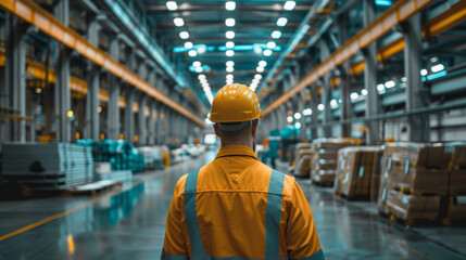 Rear view of a male warehouse worker in a reflective vest managing logistics in a large industrial warehouse.