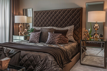 Refined art deco bedroom with a quilted chocolate brown headboard, mirrored side tables, and a copper sculpture.