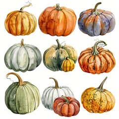 Set of watercolor illustrations with pumpkins, fall harvest and pumpkin leaves.