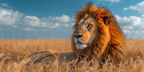 Regal Lion in Vast Landscape: A Majestic Moment of Serenity