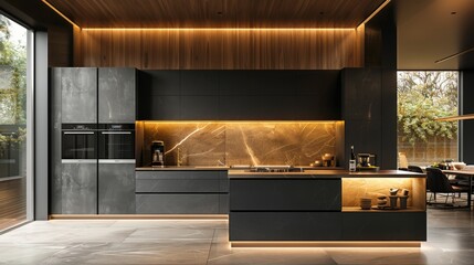 A modern kitchen with a black countertop and a marble backsplash