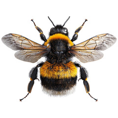 Close-up of a detailed bee with vibrant yellow and black colors, highlighting the intricate wing structure and fuzzy body texture.