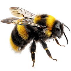 Close-up of a detailed and vibrant bee with yellow and black stripes, showcasing wings and tiny hairs on its body, isolated on transparent background.