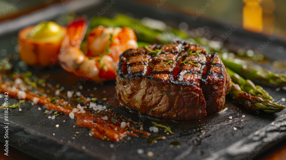 Wall mural delicious grilled steak and shrimp served on a slate with asparagus and seasoning, perfect for a gou