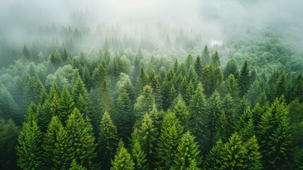 A forest with trees covered in fog