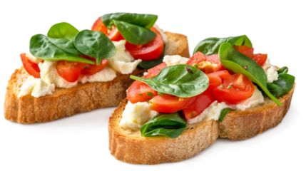 Crusty bruschetta with concasse tomatoes, and stracciatella cheese decorated with spinach. Delicious and healthy restaurant meals isolated on a transparent background