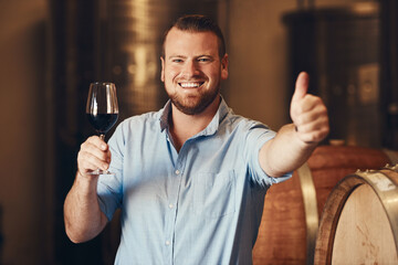 Portrait, man and glass in wine cellar with thumbs up, great and yes with smile in distillery....