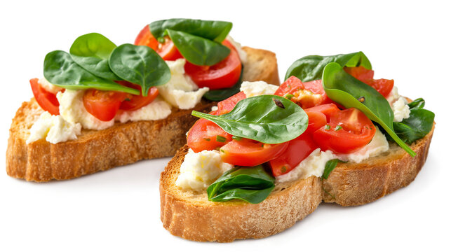 Crusty bruschetta with concasse tomatoes, and stracciatella cheese decorated with spinach. Delicious and healthy restaurant meals isolated on a transparent background