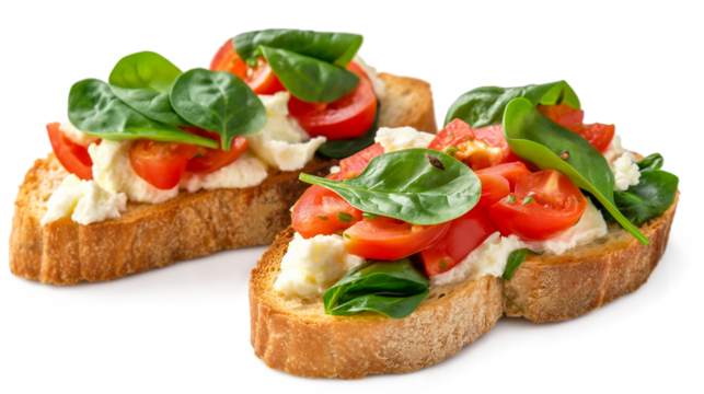 Crusty bruschetta with concasse tomatoes, and stracciatella cheese decorated with spinach. Delicious and healthy restaurant meals isolated on a transparent background