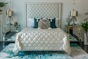 Refined art deco bedroom with a quilted pearl white headboard, mirrored side tables, and a teal art deco rug.