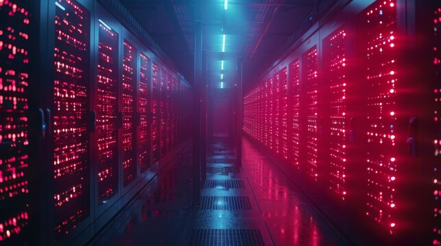 Data center with LED indicators showing cloud storage usage and performance metrics