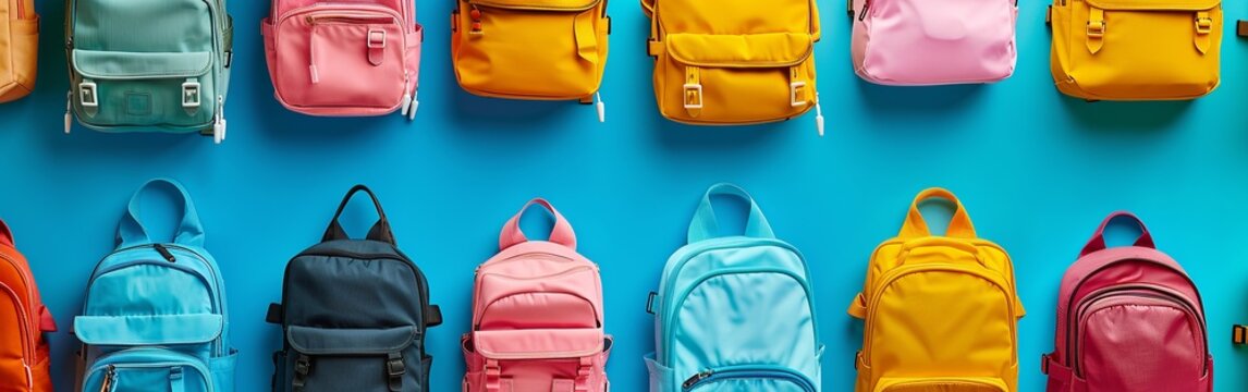 A row of colorful school backpacks hanging against a blue wall, featuring multiple designs and vibrant hues.