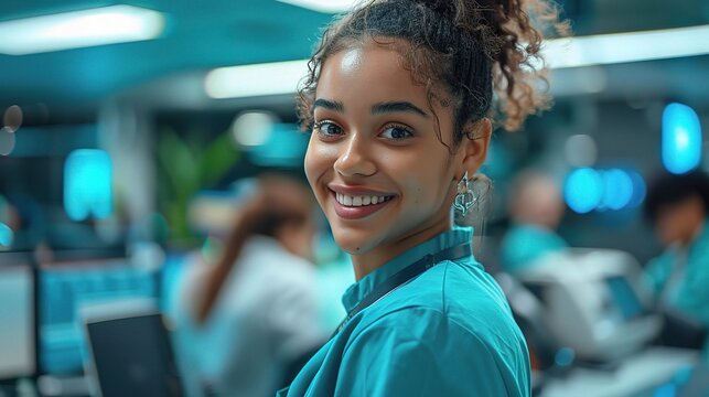 customer service representative, clad in vibrant turquoise attire, as they assist a customer with a friendly smile amidst a backdrop