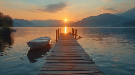 Obraz premium A boat is docked at a pier in front of a sunset