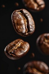 Fototapeta premium A close-up of coffee beans in mid-air, with rich brown tones and detailed texture against a black background.