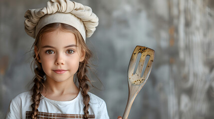Child wearing chef costume isolated on white background with copy space. Studio portrait. Future profession and culinary arts concept