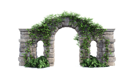 Obraz premium Cut out stone arch covered with ivy. The entrance gate isolated on a transparent background