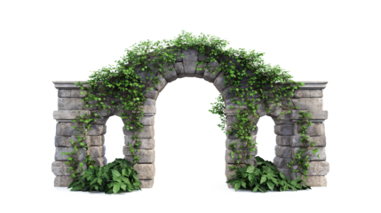 Cut out stone arch covered with ivy. The entrance gate isolated on a transparent background