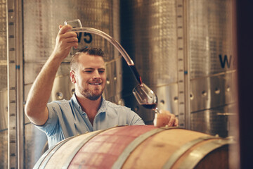 Man, smile and wine maker with glass as manager for tasting, process and production. Supplier,...