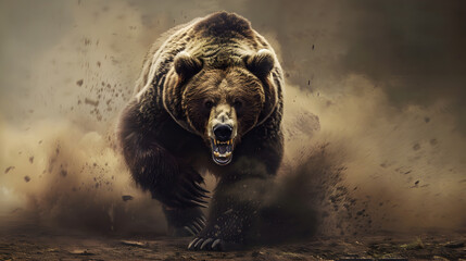 An enraged bear running kicking up dust