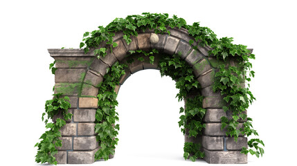 Cut out stone arch covered with ivy. The entrance gate isolated on a transparent background