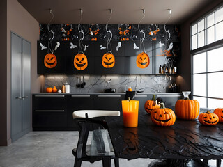 Modern kitchen interior design. Halloween concept design.