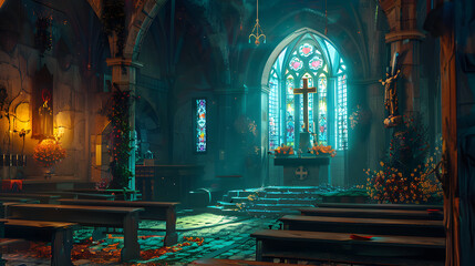 A mystical castle in the fog