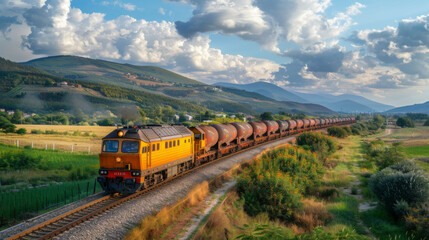 A yellow freight train carries goods across a scenic rural area, with hills and a clear sky.